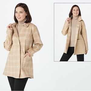 Isaac Mizrahi Reversible Water Resistant Trench Coat Tan Plaid Pockets Buttons